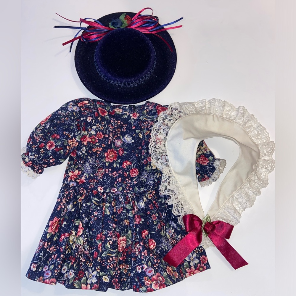 American Girl Doll blue floral dress with removable lace collar and blue hat